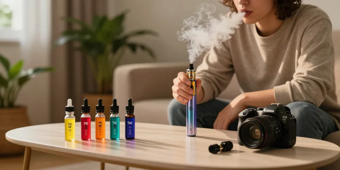 Young adult enjoying Weed vape in cozy indoor setting with colorful THC vape e-liquids.