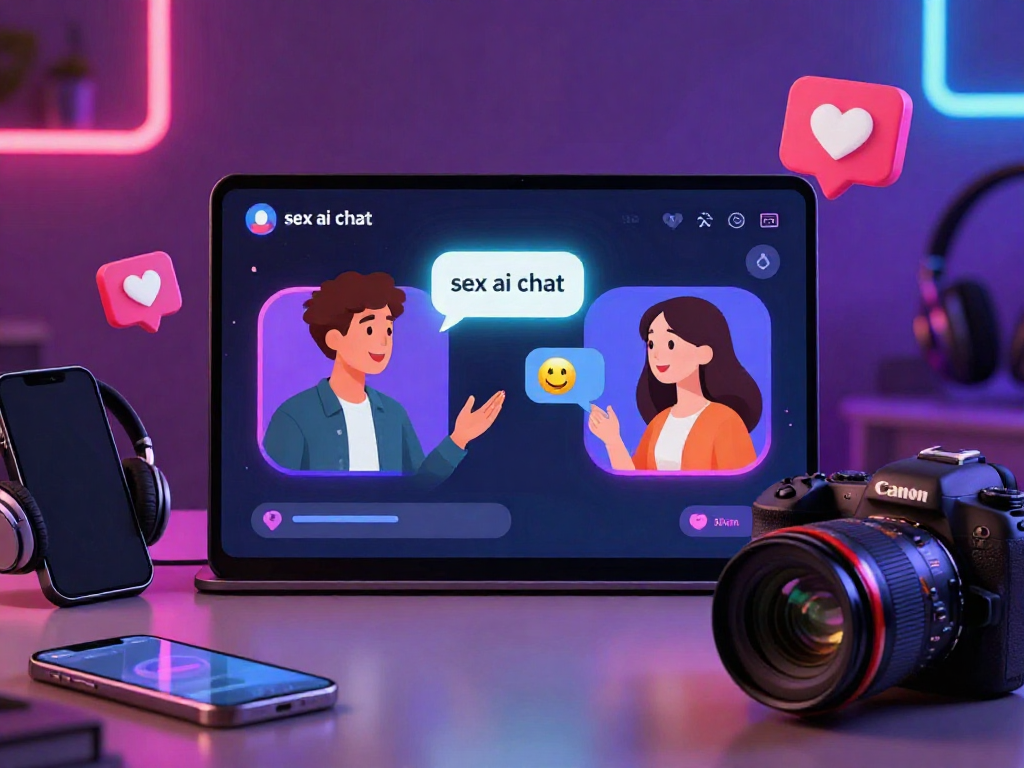 A vibrant digital chat scene showcasing two avatars engaging in a 'sex ai chat', featuring emotive text bubbles and neon graphics.